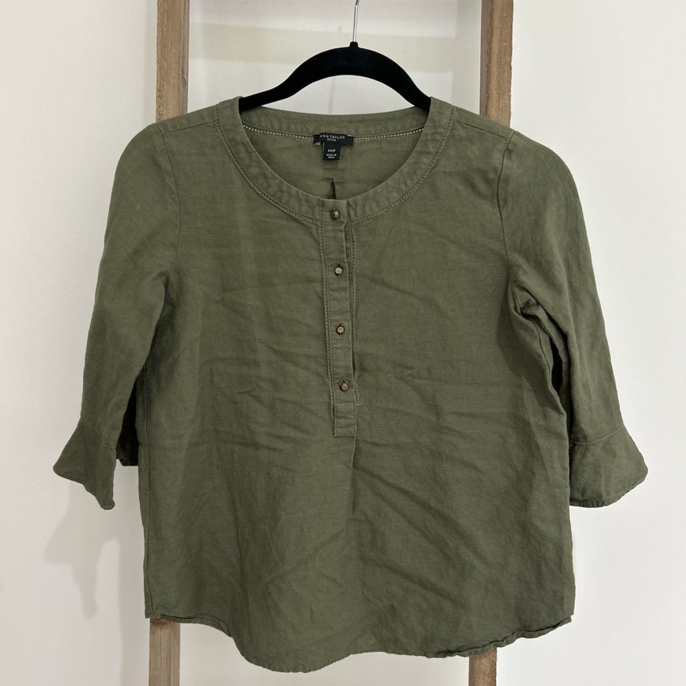 Ann Taylor Olive Green Linen Ruffle Sleeve casual Top Women size XXS